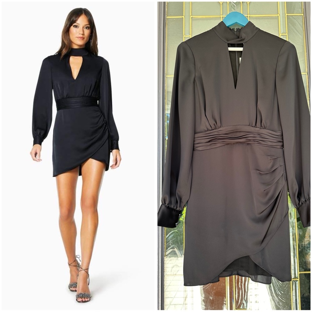 Ramy Brook Black Satin Long-Sleeve Keyhole Wrap Dress, 4 NWT